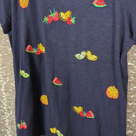 Talbots Tutti Frutti Navy Embroidered Beaded Fruit Print T-Shirt Women's Small - Picture 2 of 8